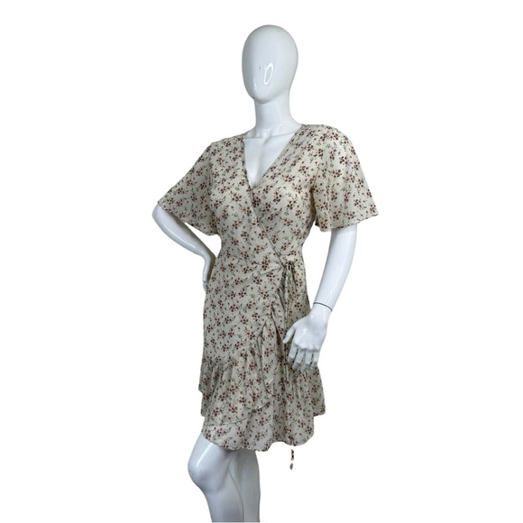Olivia Grey flower pattern mini wrapped dress cream beige floral sundress NWT XL - Picture 4 of 15